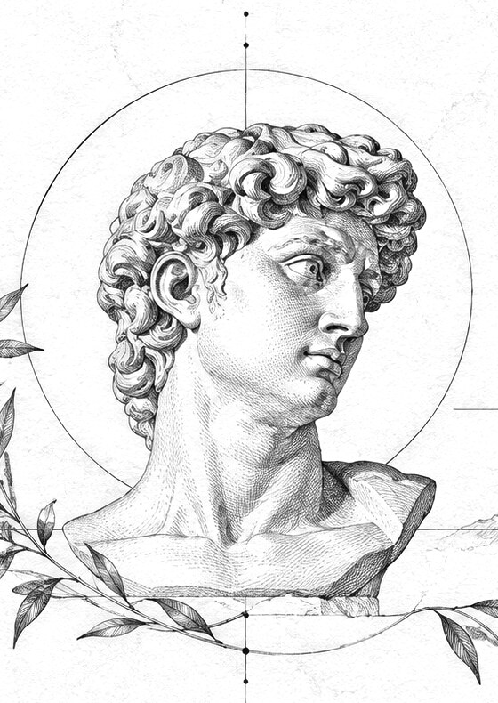 Etched bust of David inside a thin halo circle with an axis line and dot terminals, black ink on warm paper.