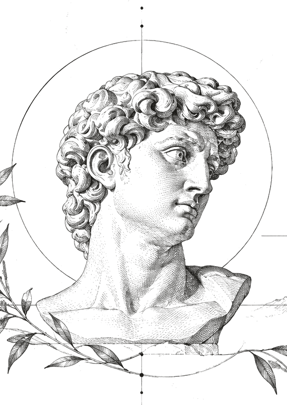 Etched bust of David inside a thin halo circle with an axis line and dot terminals, black ink on warm paper.