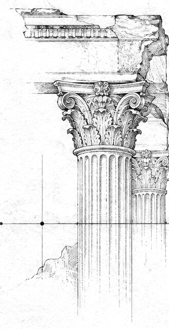 Etched Corinthian column, black ink on warm paper: the price that stands.