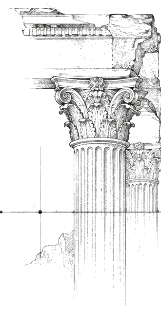 Etched Corinthian column, black ink on warm paper: the price that stands.